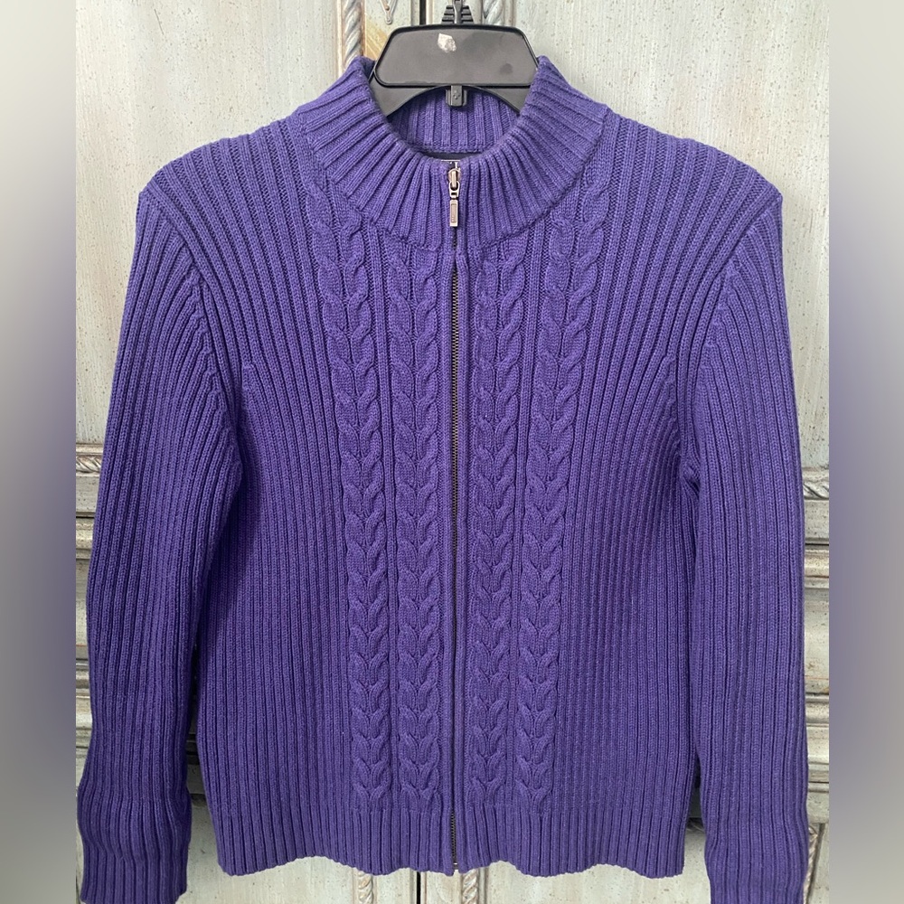 Lands' End Women's Rich Purple Knit 100% Cotton Cardigan with Full Zip Front